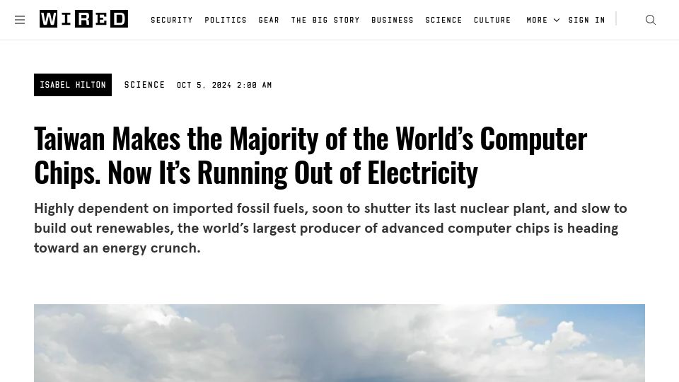 Screenshot of wired.com: Taiwan is heading toward an energy crunch?