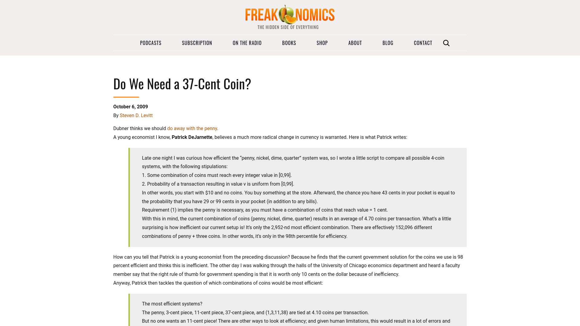 Screenshot of freakonomics.com: Do We Need a 37-Cent Coin? (2009)