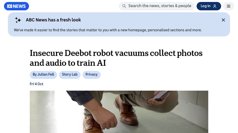 Screenshot of abc.net.au: Insecure Deebot robot vacuums collect photos and audio to train AI