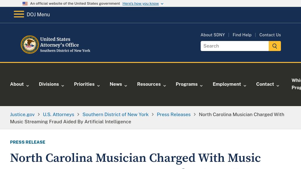 Screenshot of justice.gov: Musician Charged with $10M Music Streaming Fraud Aided by AI