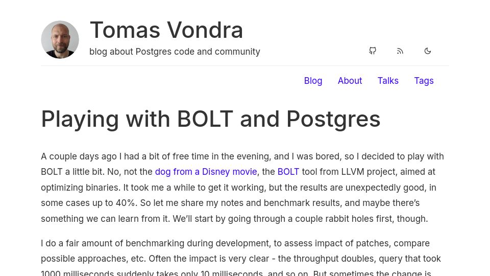 Screenshot of vondra.me: Playing with BOLT and Postgres
