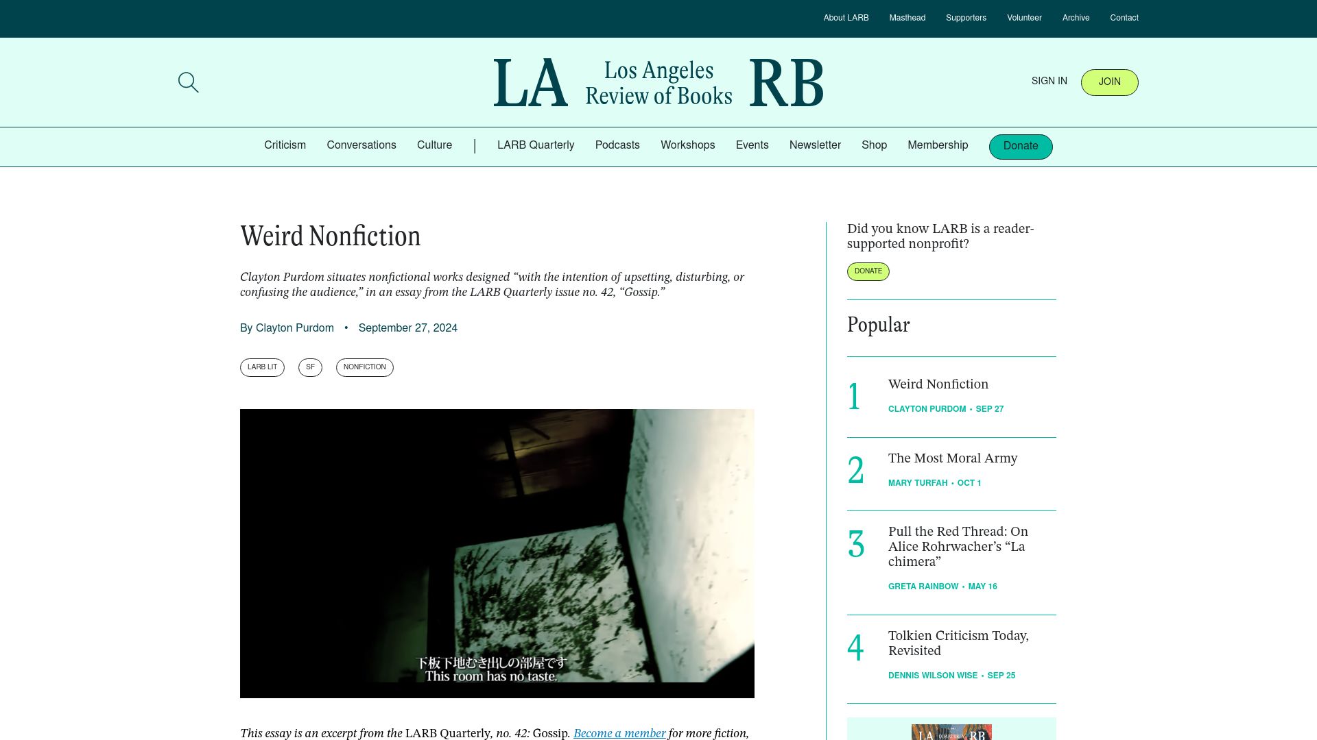 Screenshot of lareviewofbooks.org: Weird Nonfiction