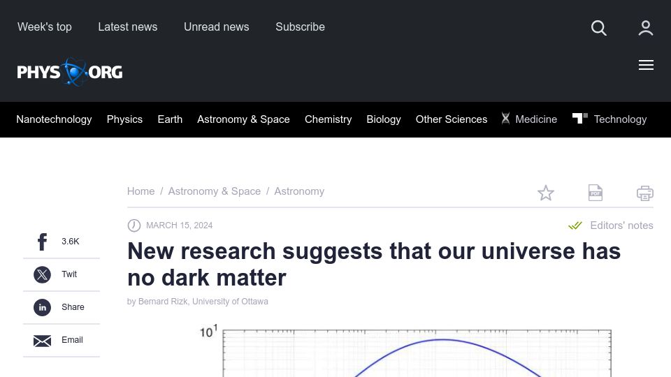 Screenshot of phys.org: New research suggests that our universe has no dark matter