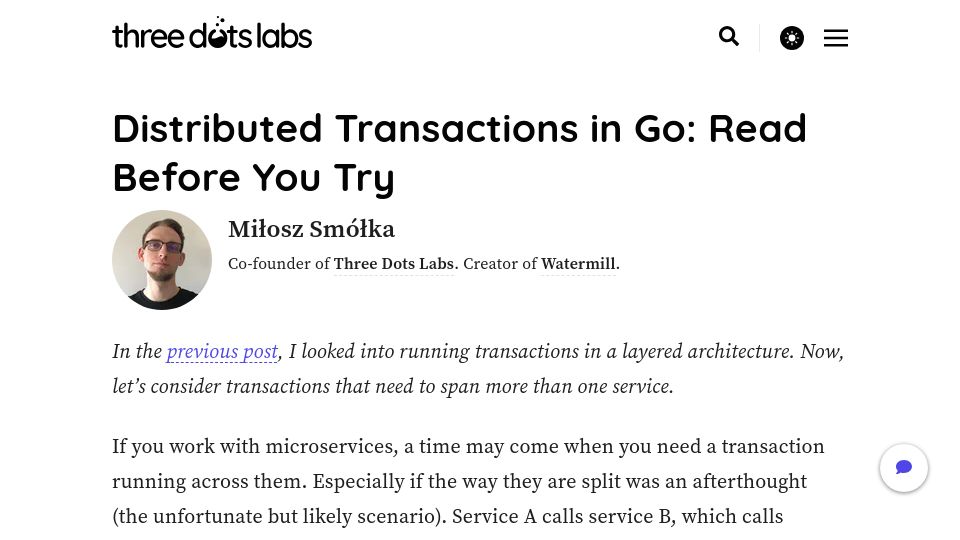 Screenshot of threedots.tech: Distributed transactions in Go: Read before you try