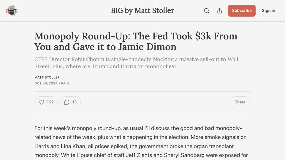 Screenshot of thebignewsletter.com: The Fed Took $3k from You and Gave It to Jamie Dimon