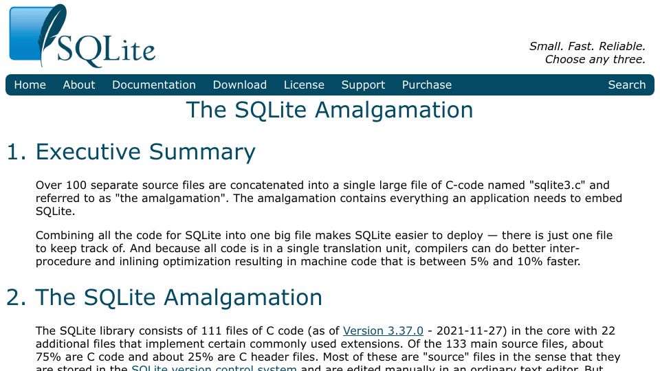 Screenshot of sqlite.org: The SQLite Amalgamation