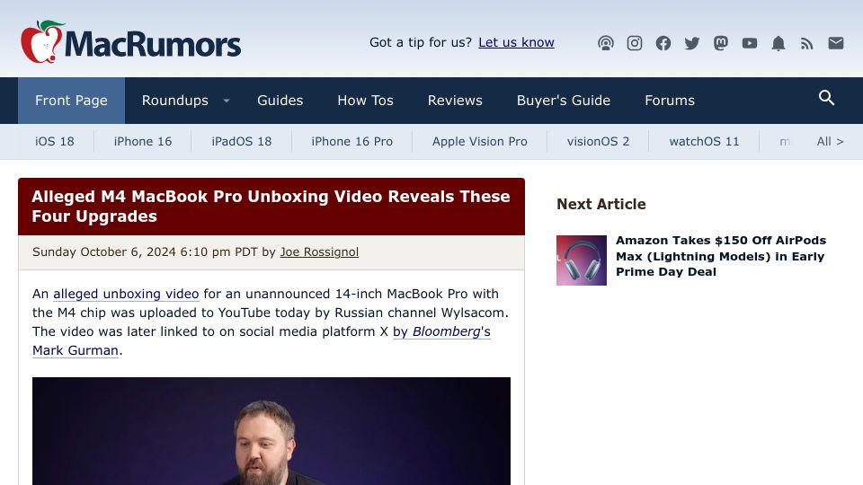 Screenshot of macrumors.com: Alleged M4 MacBook Pro unboxing video