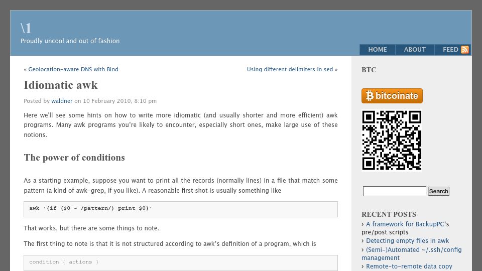 Screenshot of backreference.org: Idiomatic Awk (2010)