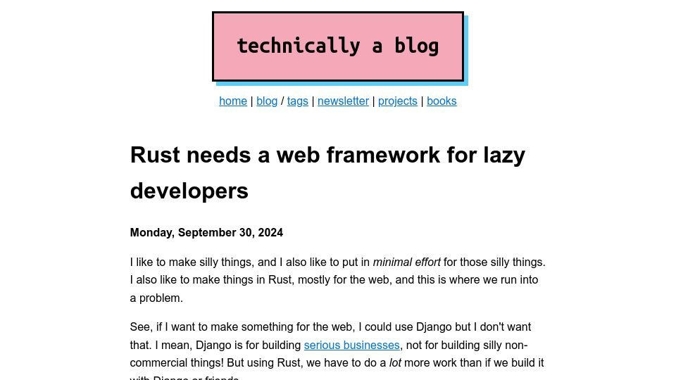 Screenshot of ntietz.com: Rust needs a web framework