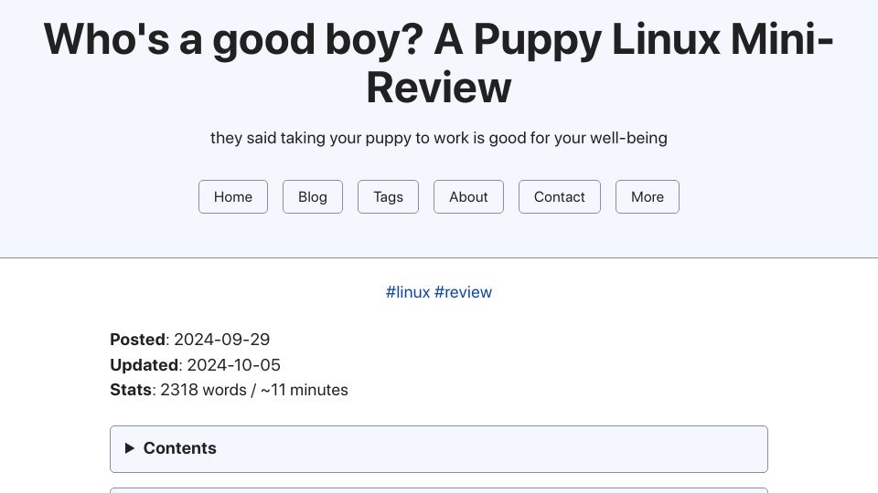 Screenshot of bbbhltz.codeberg.page: Who's a Good Boy? A Puppy Linux Mini-Review