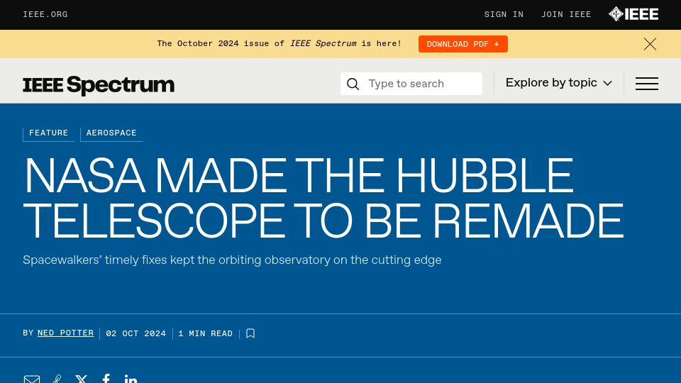 Screenshot of spectrum.ieee.org: NASA Made the Hubble Telescope to Be Remade