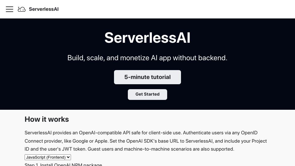 Screenshot of serverlessai.dev: Show HN: ServerlessAI – Build, scale, and monetize AI apps without back end