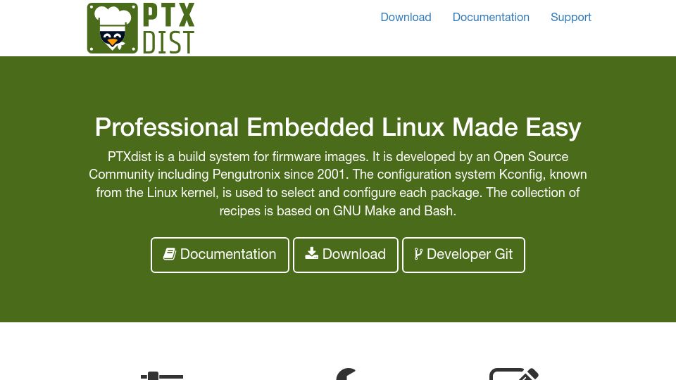 Screenshot of ptxdist.org: Ptxdist – "Professional Embedded Linux Made Easy"