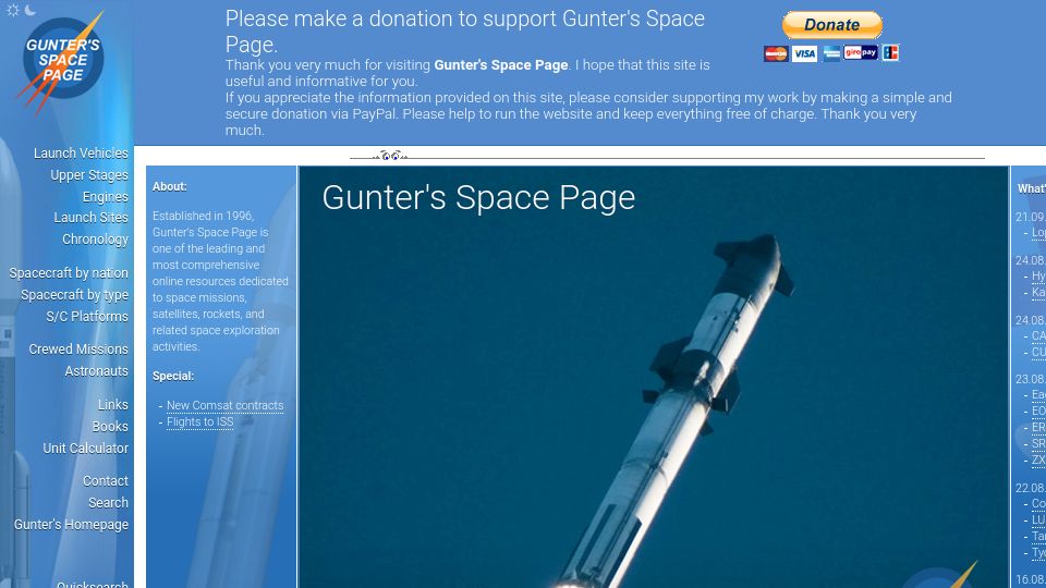 Screenshot of space.skyrocket.de: Gunter's Space Page