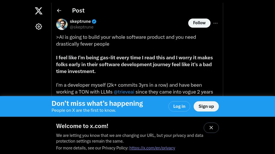 Screenshot of twitter.com: AI won't replace human devs anytime soon