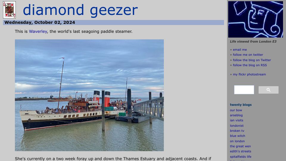 Screenshot of diamondgeezer.blogspot.com: Waverley, the last seagoing paddle steamer