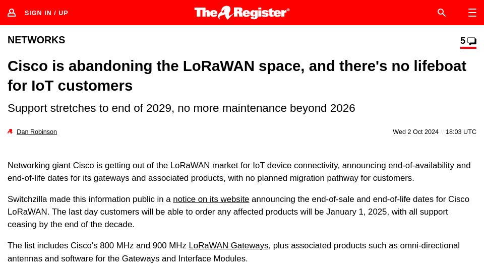 Screenshot of theregister.com: Cisco is abandoning the LoRaWAN space, and there's no lifeboat for IoT customers