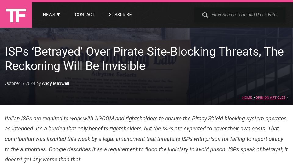Screenshot of torrentfreak.com: New Italian Law Threatens ISPs with Prison over Piracy Reporting Failures