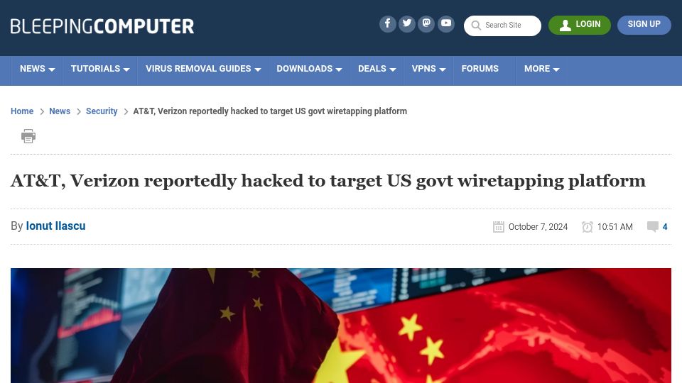 Screenshot of bleepingcomputer.com: AT&T, Verizon reportedly hacked to target US govt wiretapping platform