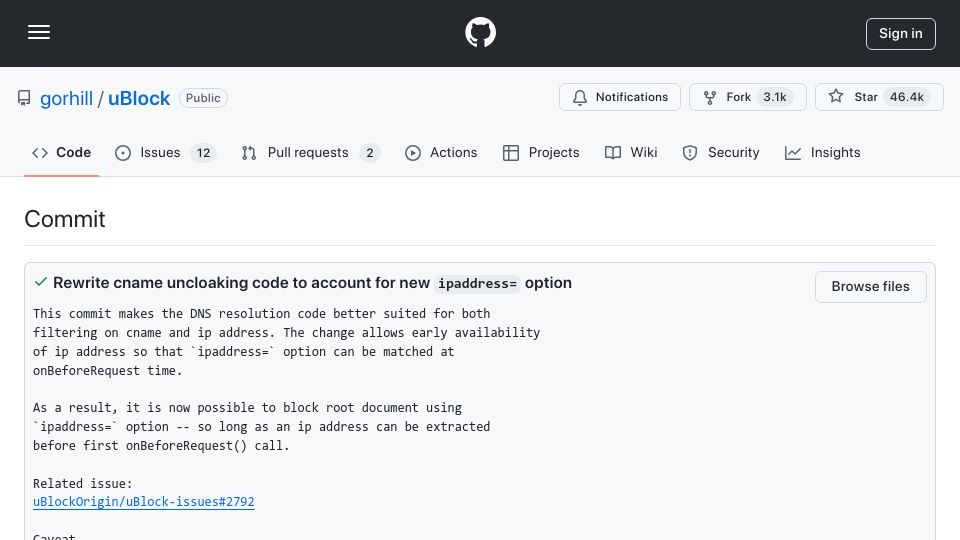 Screenshot of github.com: Rewrite cname uncloaking code to account for new ipaddress= option