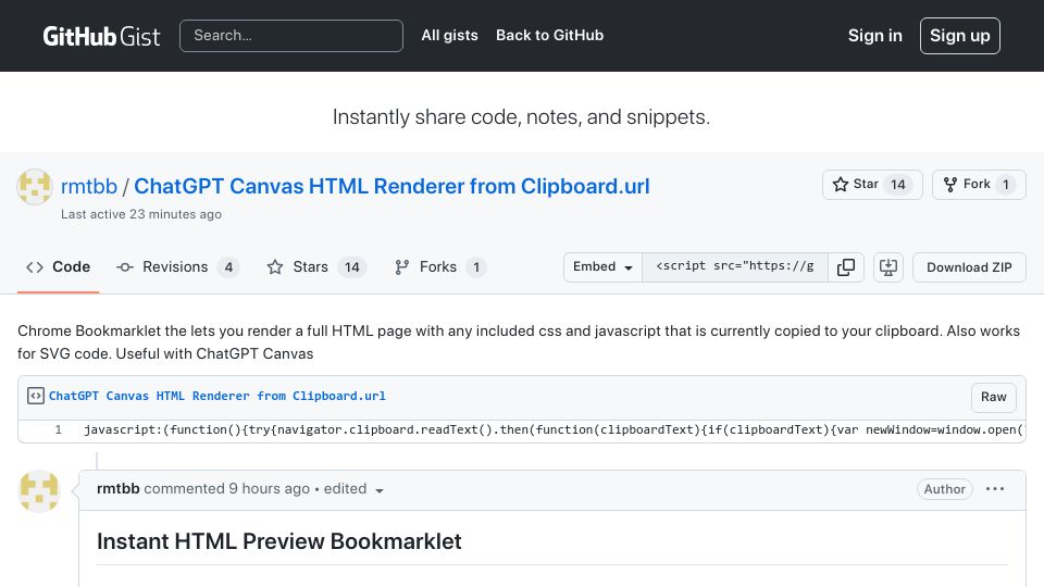Screenshot of gist.github.com: Show HN: Instant HTML Preview Bookmarklet