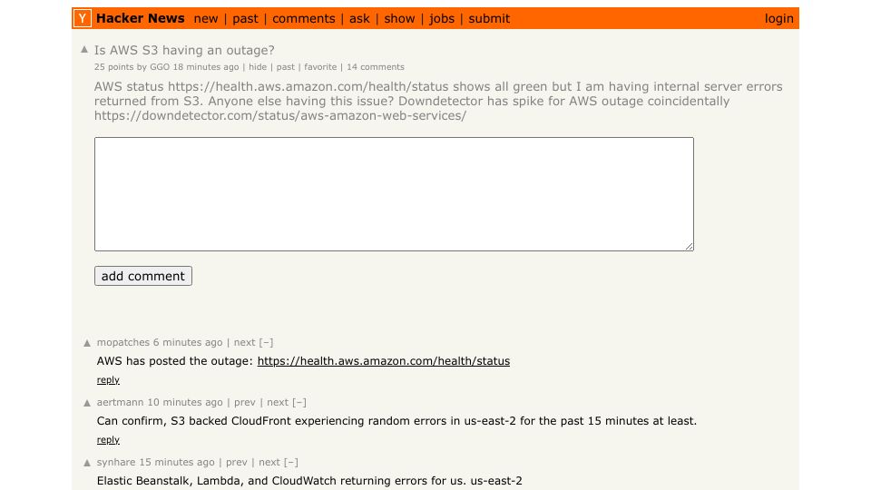 Screenshot of Hacker News post: Is AWS S3 having an outage?