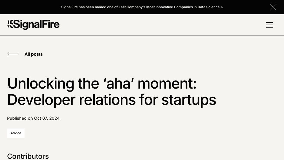Screenshot of signalfire.com: Unlocking the 'aha' moment: Developer relations for startups