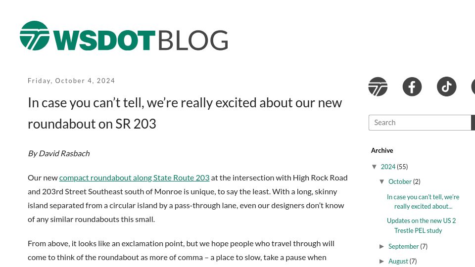 Screenshot of wsdotblog.blogspot.com: We're excited about our new roundabout