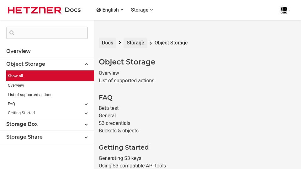 Screenshot of docs.hetzner.com: Hetzner Object Storage