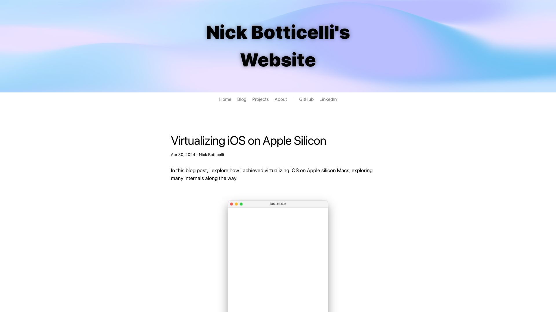 Screenshot of nickb.website: Virtualizing iOS on Apple Silicon