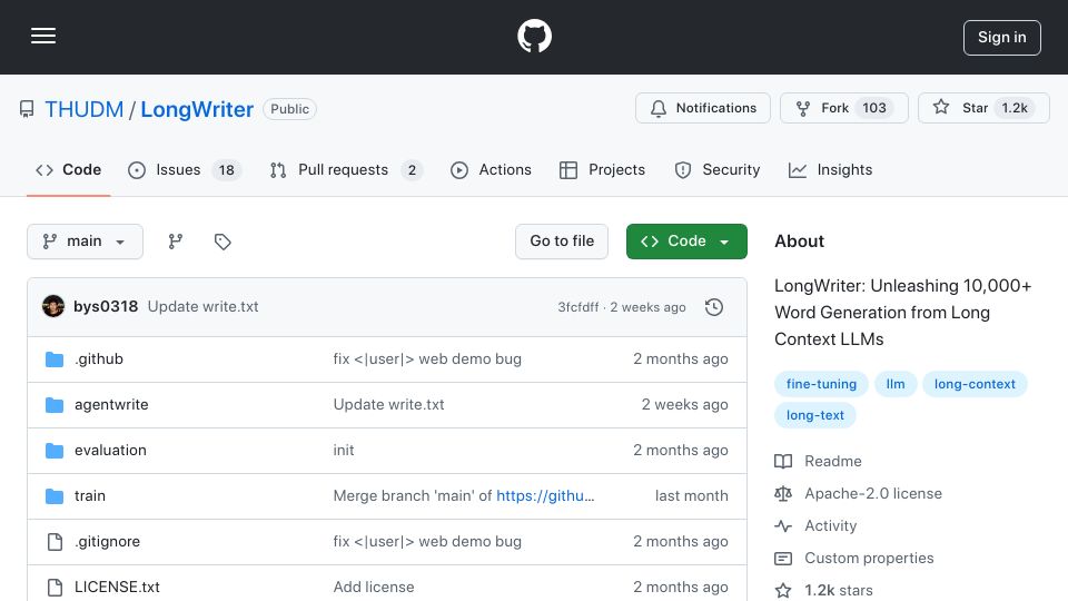 Screenshot of github.com: Longwriter – Increase llama3.1 output to 10k words