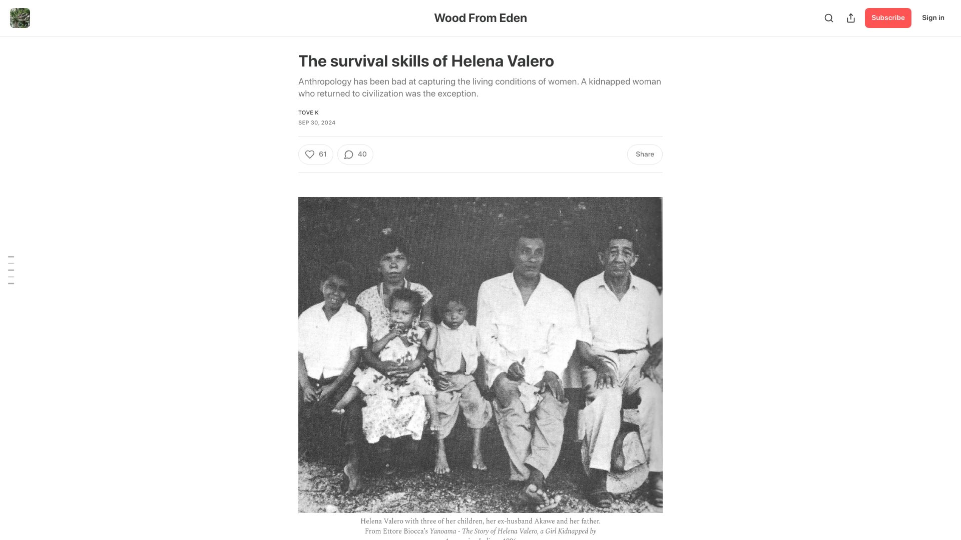 Screenshot of woodfromeden.substack.com: The survival skills of Helena Valero