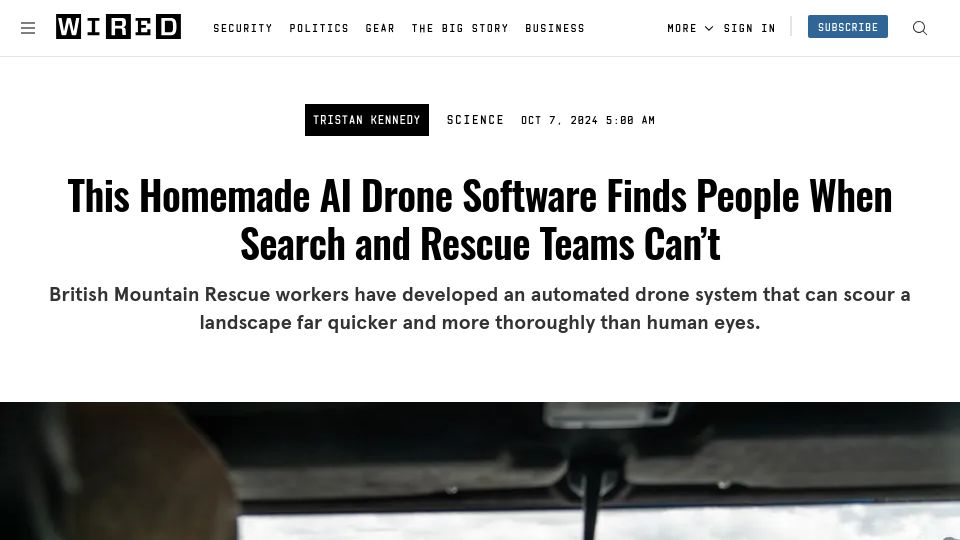 Screenshot of wired.com: Homemade AI Drone Software Finds People When Search and Rescue Teams Can't