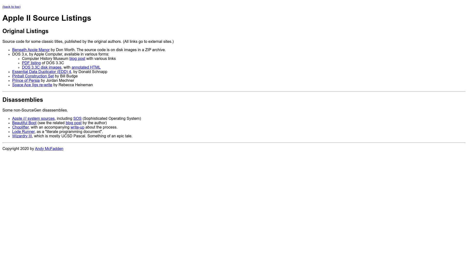 Screenshot of 6502disassembly.com: Apple II Source Listings
