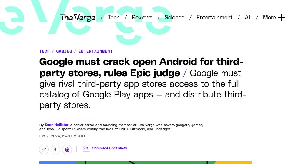 Screenshot of theverge.com: Google must open Android for third-party stores, rules Epic judge