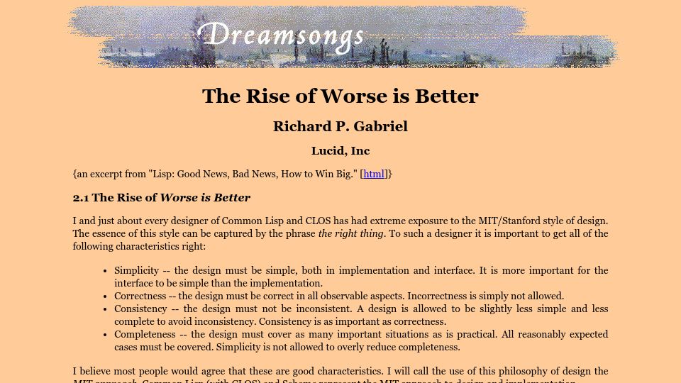 Screenshot of dreamsongs.com: The Rise of Worse Is Better (1991)