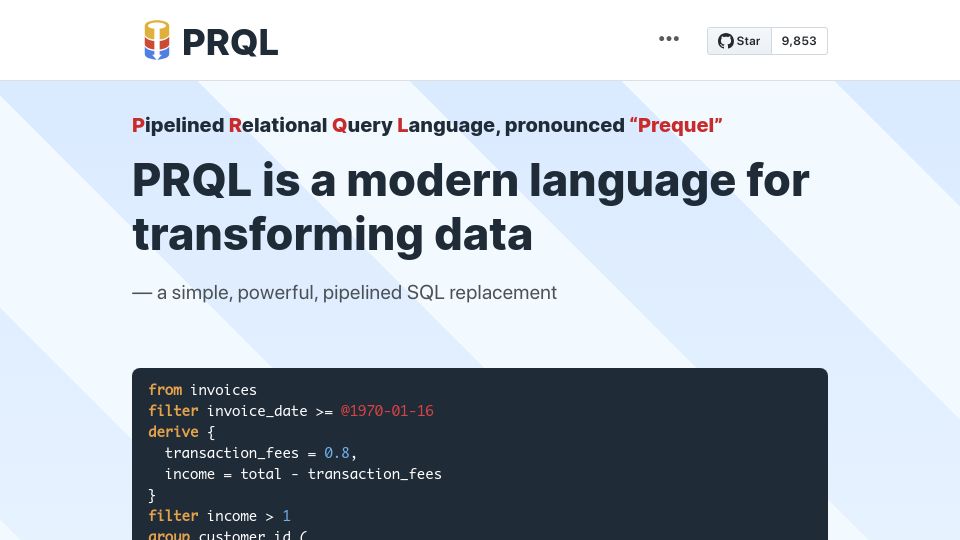 Screenshot of prql-lang.org: PRQL: A simple, powerful, pipelined SQL replacement