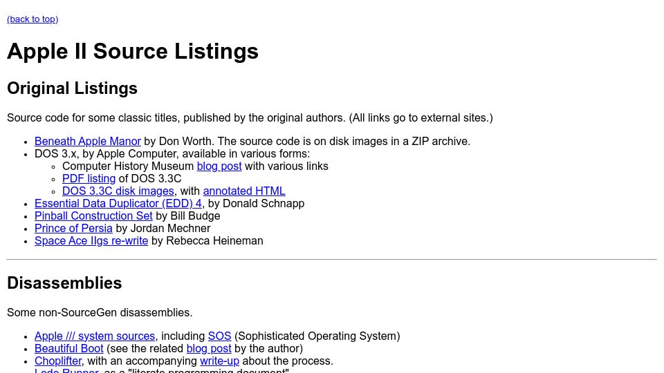 Screenshot of 6502disassembly.com: Apple II Source Listings