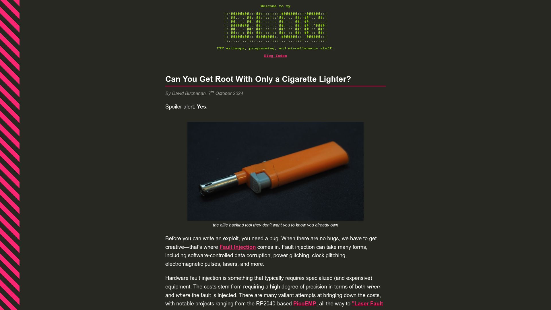 Screenshot of da.vidbuchanan.co.uk: Can you get root with only a cigarette lighter?