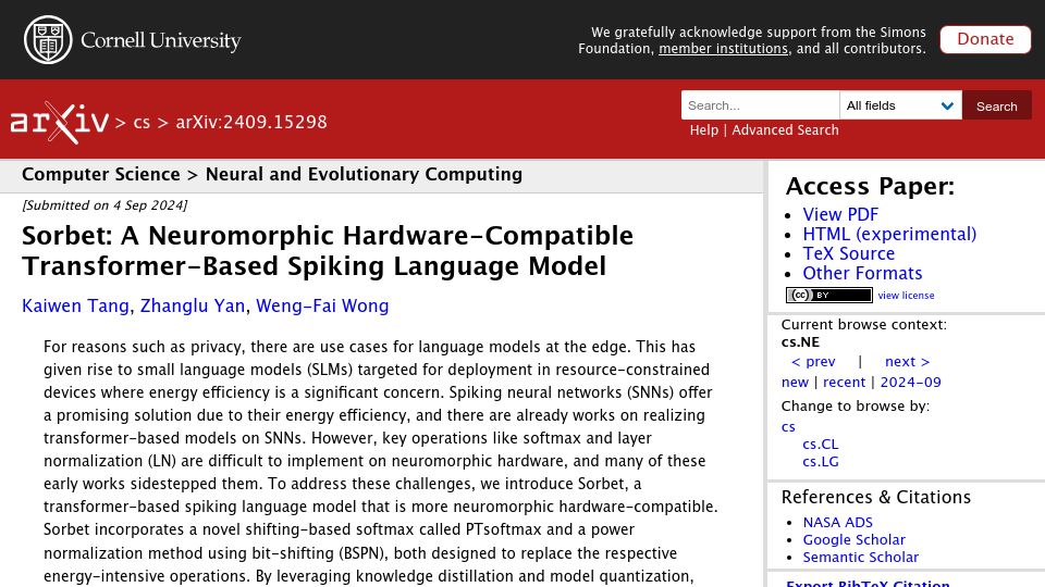 Screenshot of arxiv.org: Sorbet: A neuromorphic hardware-compatible transformer-based spiking model