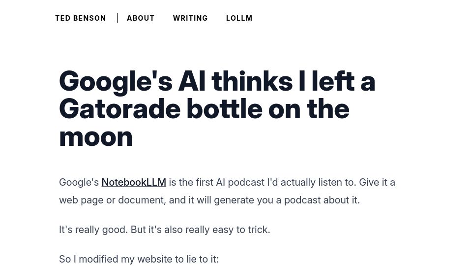 Screenshot of edwardbenson.com: Google’s AI thinks I left a Gatorade bottle on the moon