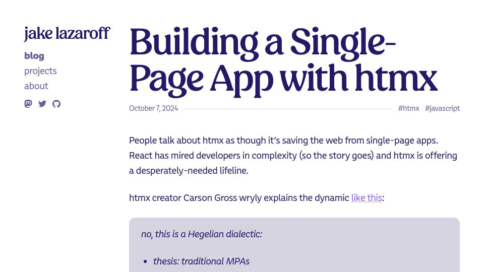 Screenshot of jakelazaroff.com: Building a single-page app with Htmx