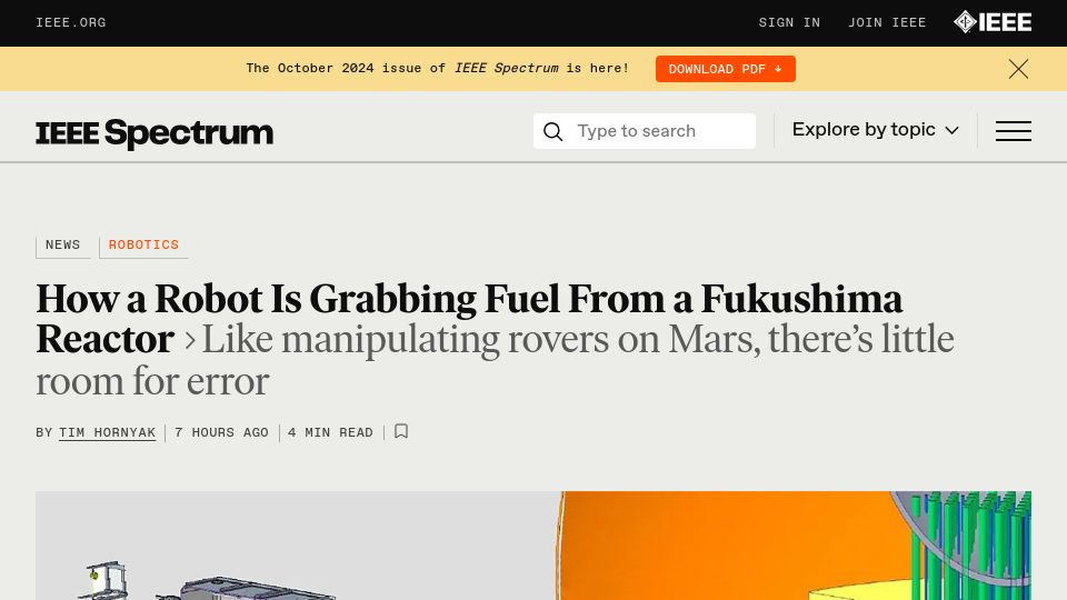Screenshot of spectrum.ieee.org: Fukushima Reactor: TEPCO robot aims to extract nuclear fuel