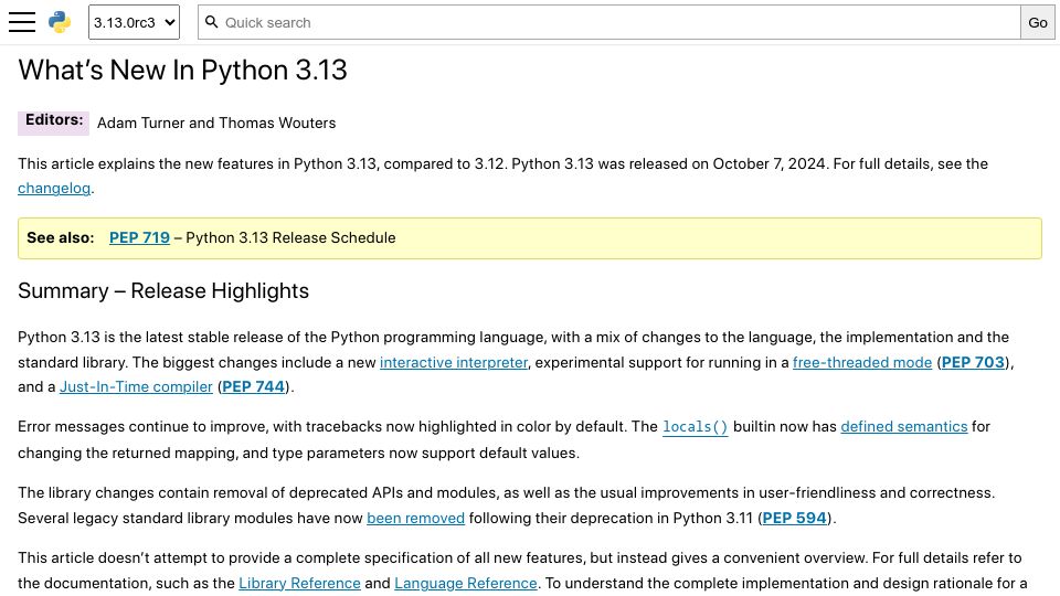 Screenshot of docs.python.org: Python 3.13.0 Is Released