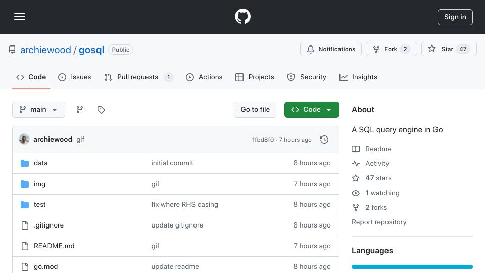 Screenshot of github.com: Show HN: GoSQL – A query engine in 319 LoC