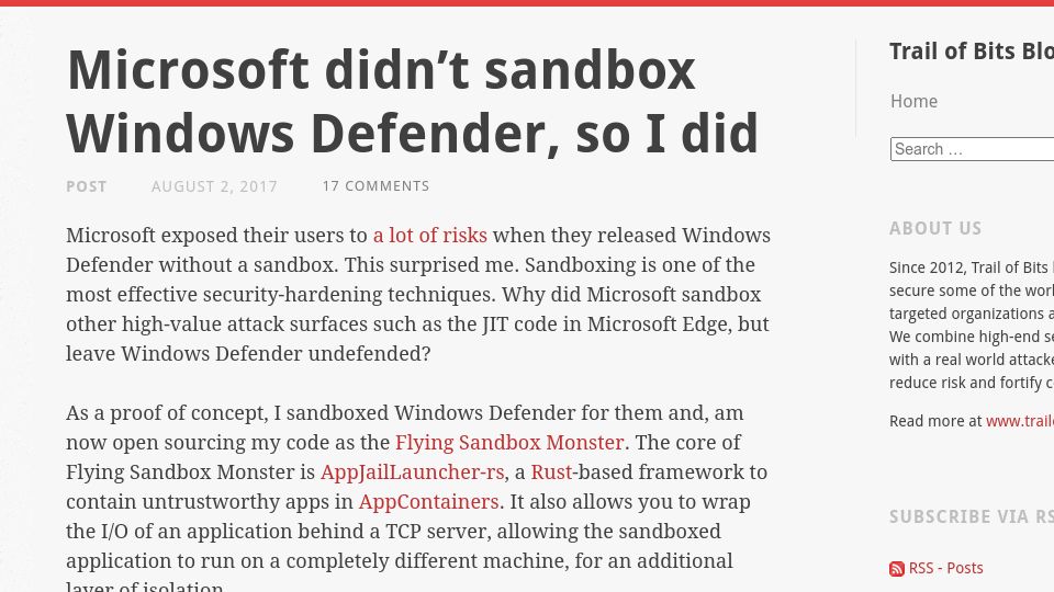 Screenshot of blog.trailofbits.com: Microsoft didn't sandbox Windows Defender, so I did (2017)