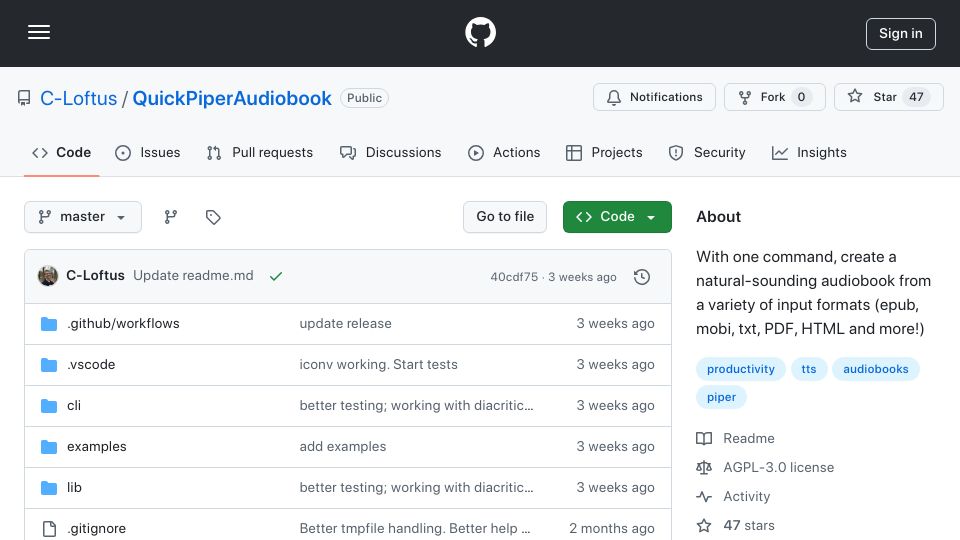 Screenshot of github.com: Show HN: Offline audiobook from any format with one CLI command
