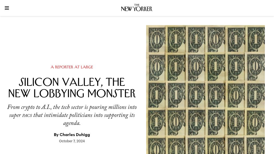 Screenshot of newyorker.com: Silicon Valley, the new lobbying monster