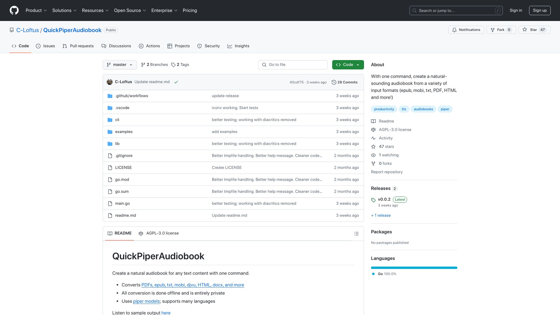 Screenshot of github.com: Show HN: Offline audiobook from any format with one CLI command