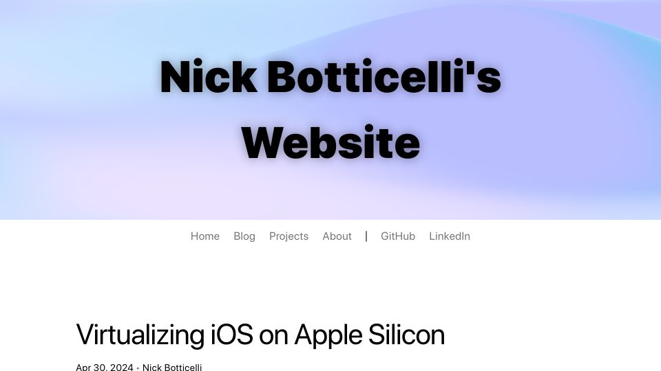 Screenshot of nickb.website: Virtualizing iOS on Apple Silicon